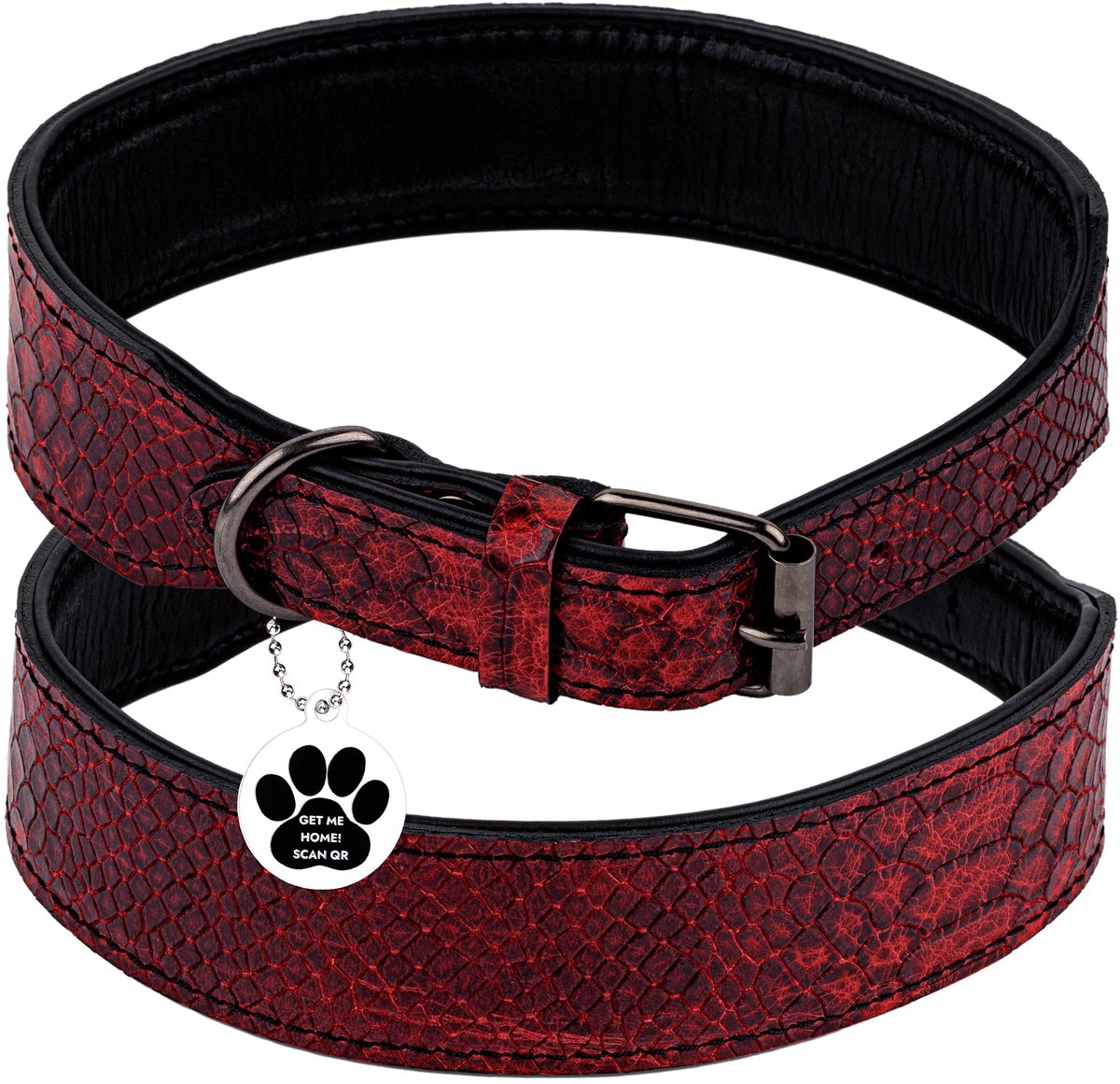 Hondenhalsband breed XXS - luxe leer rood - gevoerd met QR-code - stijlvol en veilig - ShopVlot