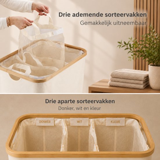 Binnenzijde beige wasmand met 3 sorteervakken: 'Donker', 'Wit', 'Kleur'. Drie waszakken worden in de mand geplaatst.