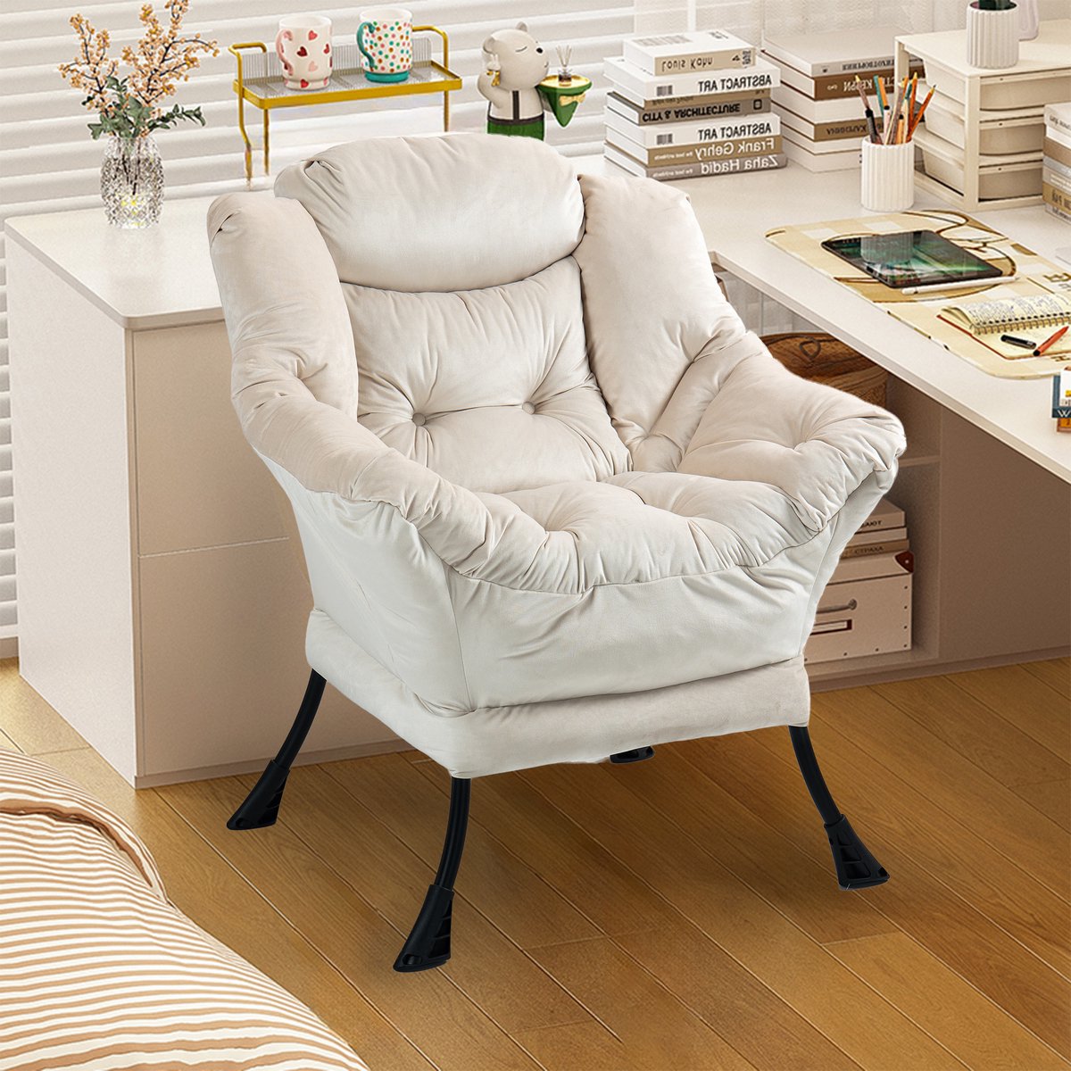 Wishdor Fauteuil - Relaxstoel met metalen frame en zijvak - Scandinavisch en basic - Zacht gevoerd - Voor woonkamer en balkon - Khaki - 81 x 95 cm