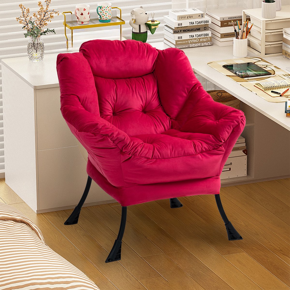 Wishdor Fauteuil - Relaxstoel met metalen frame, armleuningen en zachte velvet zitting - Afneembare hoes - Voor volwassenen - Baksteenrood - 95 x 65 cm