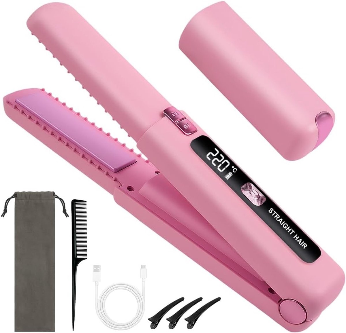 Draadloze Haarstyler, 2-in-1 Haarstraightener en Krultang met USB Opladen, 6 Instelbare Temperatuur en LED Scherm, Compacte Mini Krultang voor Reizen en Thuisgebruik (Roze)