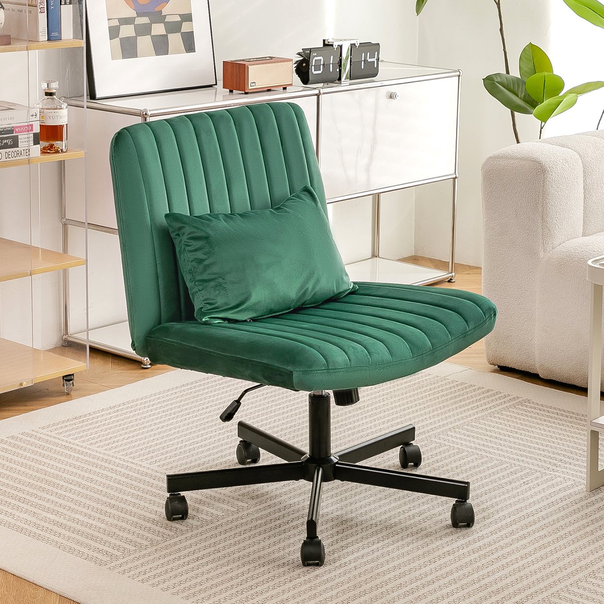 Wishdor Bureaustoel - Groen - Zonder armleuningen - 360° draaibaar - Verstelbaar in hoogte - Met wielen - Stoffen home office stoel met kantelbare rugleuning