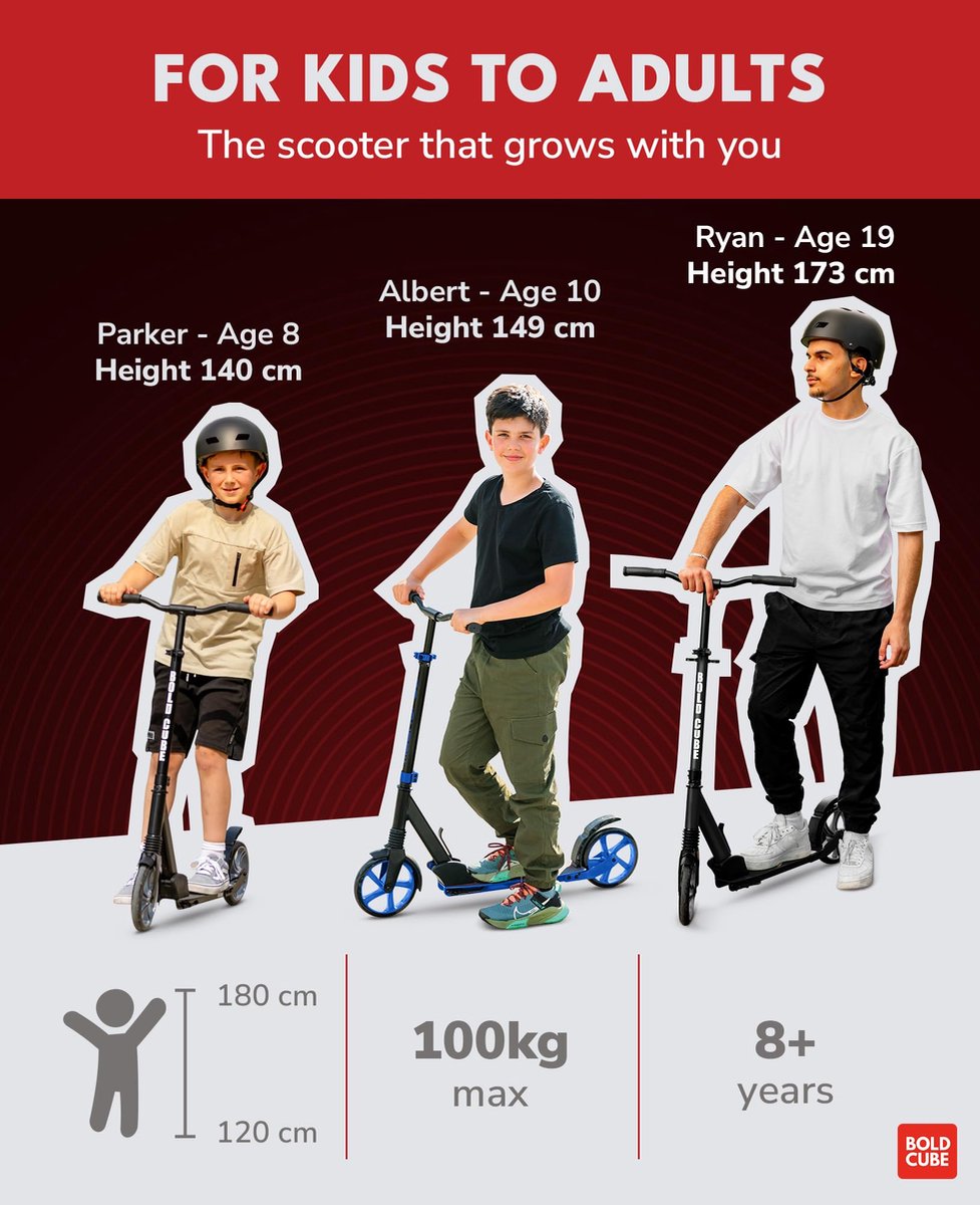 BOLDCUBE Big 2 Wheeler step voor kinderen en jongeren vanaf 7 jaar, voorvering verstelbaar van 86 tot 111 cm, bordeaux - ShopVlot