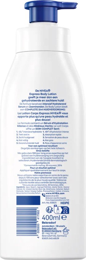 Achterkant van de NIVEA Express bodylotion fles met productinformatie en ingrediënten.