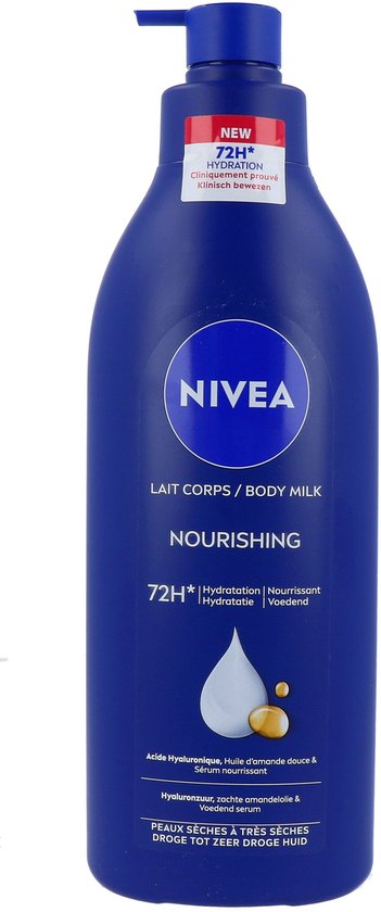 NIVEA Verzorgende Body Milk - met Hyaluronzuur Zachte Amandel Olie en Voedend serum - Body Melk met 72 Uur Hydratatie - Voor Droge tot Zeer Droge Huid - 400 ml