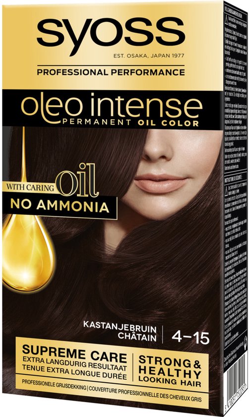 Verpakking van Syoss Oleo Intense haarverf in kleur 4-15 Kastanjebruin. Met afbeelding van vrouw en haar. Bevat informatie over permanente kleuring zonder ammoniak.