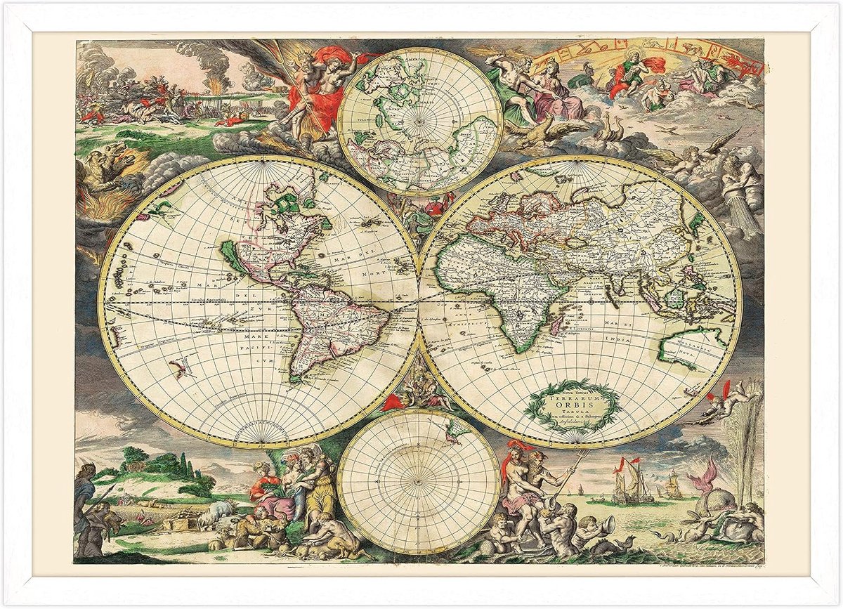 Poster met lijst - Wereldkaart decoratie - Muurdecoratie aanbrengen - Antieke stijl - 70x100cm - Wit