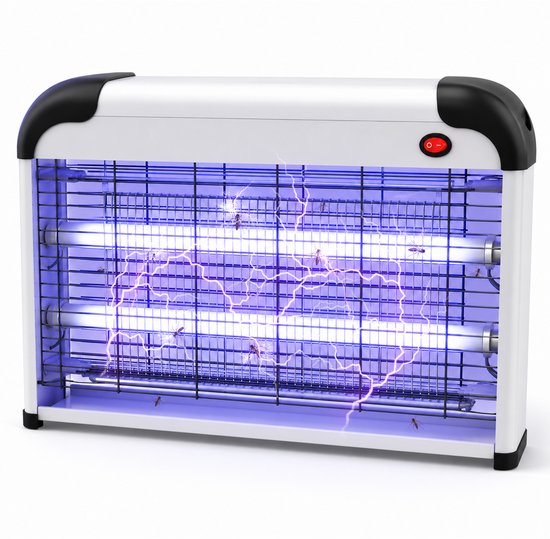 Wit insectenlamp met zwarte accenten, blauw UV-licht en insecten die worden aangetrokken.