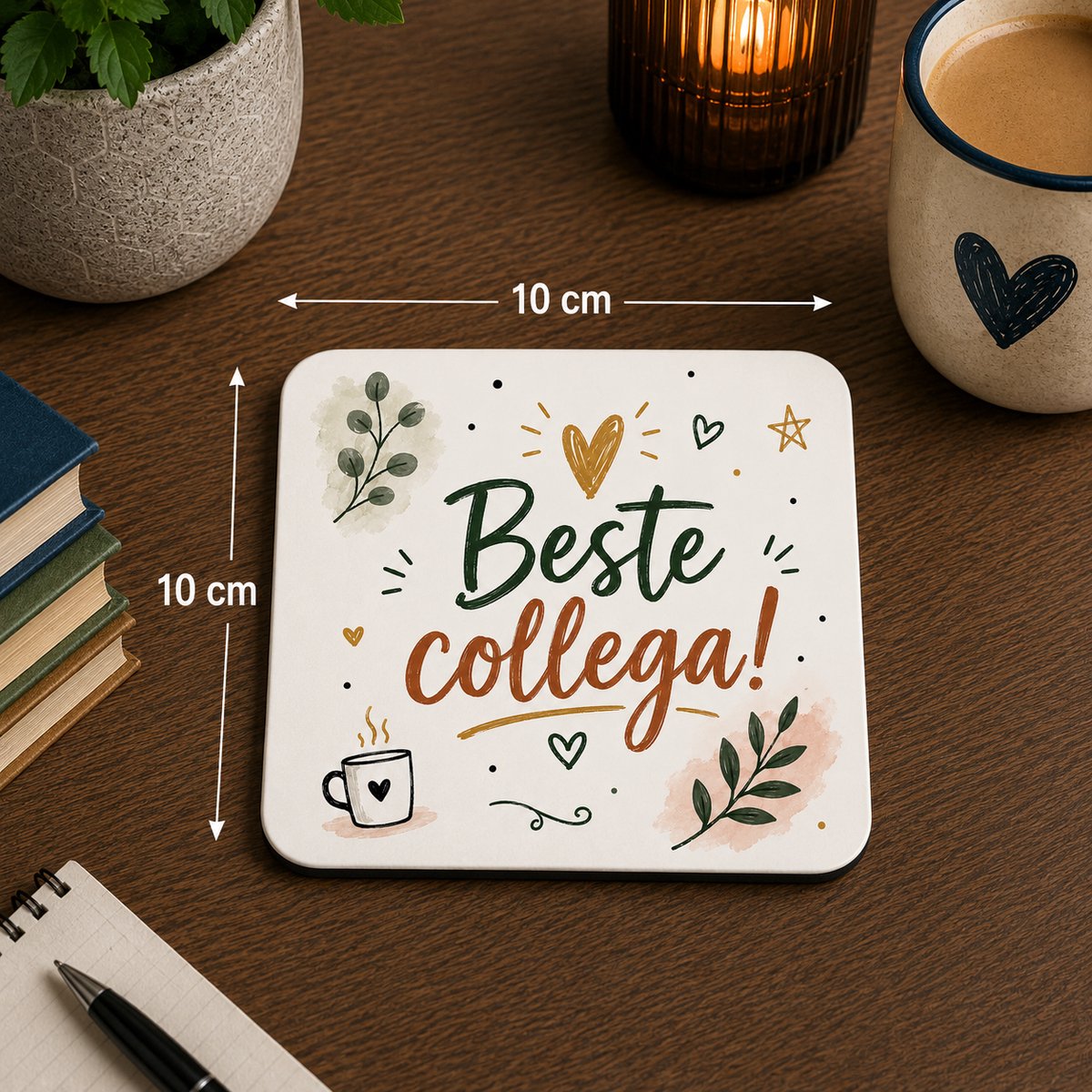 Onderzetter Beste Collega – 10 x 10 cm – Vierkante Onderzetter met Tekst – Cadeau voor Collega