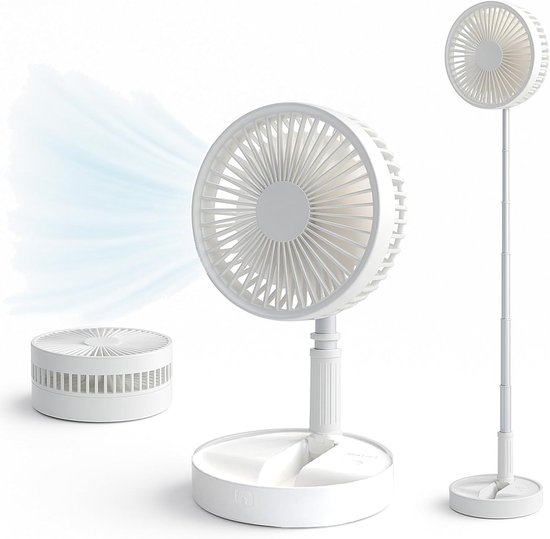 Statiefventilator-vloerventilator-tafel ventilator geluidloos-Opvouwbare tafelventilator met voet - Verstelbare hoogte, 3600mAh oplaadbaar, draagbaar, stil, opvouwbaar -Wit - 20x20x10,5 cm