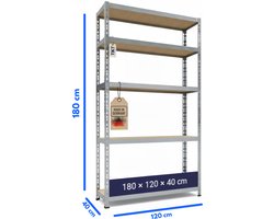 TKT Opbergrek XL – Stellingkast 180x120x40 cm – Made in Germany – 150 kg per plank – 750 kg draagkracht – 5 planken – Gegalvaniseerd staal – Monteren zonder schroeven – Garage & Berging