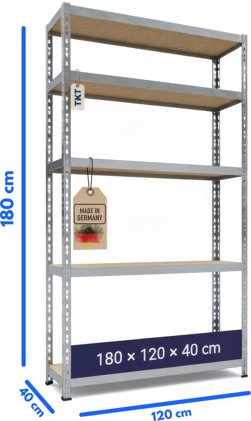 Grote zilverkleurige legkast met 5 planken, afmetingen 180x120x40 cm, met "Made in Germany" label.