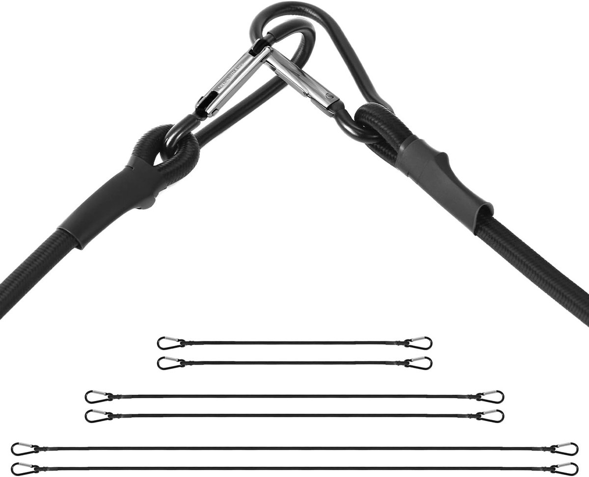 Set van 6 multifunctionele spanbanden 60/100/150 cm met karabiner, ideaal voor bagage, kamperen en zeilen