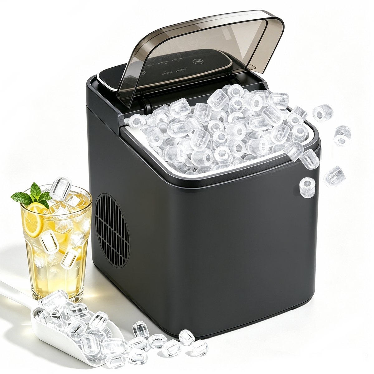Glitzerlife - Ijsblokjesmachine IJsmachine - Compact Stil - Snel Ijs in 6 Min - Zelfreinigend - 14kg/24u Capaciteit - 1.3L Watertank - Zwart