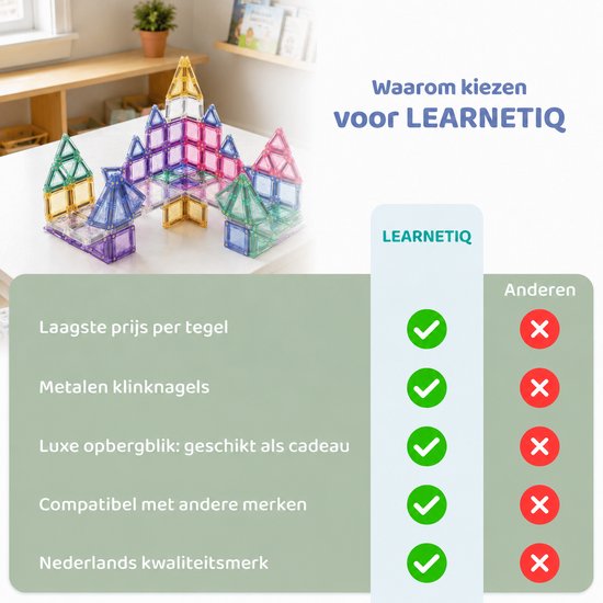 LearnetiQ magneetstenen in paars, groen en roze, opgebouwd tot kastelen.