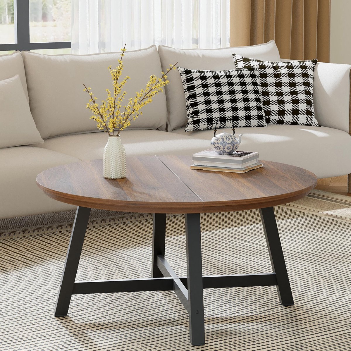Salontafel Rond - 91x91x47cm - Grote - Metalen Poten - 4cm Tafelblad - Vintage Stijl - Voor Woonkamer - Bruin