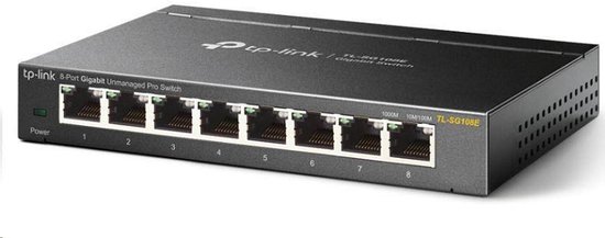 Zwarte TP-Link 8-poorts Gigabit Unmanaged Pro Switch met 8 Ethernetpoorten en 'Power'-indicator.