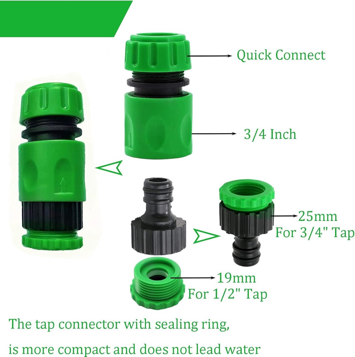 Tuinslang Koppeling Set - Tuinslang Koppelingen - Universele Tuinslang Koppeling Set - 28-Delige Slangaansluiting Set - met Snelkoppeling 1/2 Inch - Duurzame ABS Slangverbinder - met O-Ringen en Sluitringen - Groen – foto 4