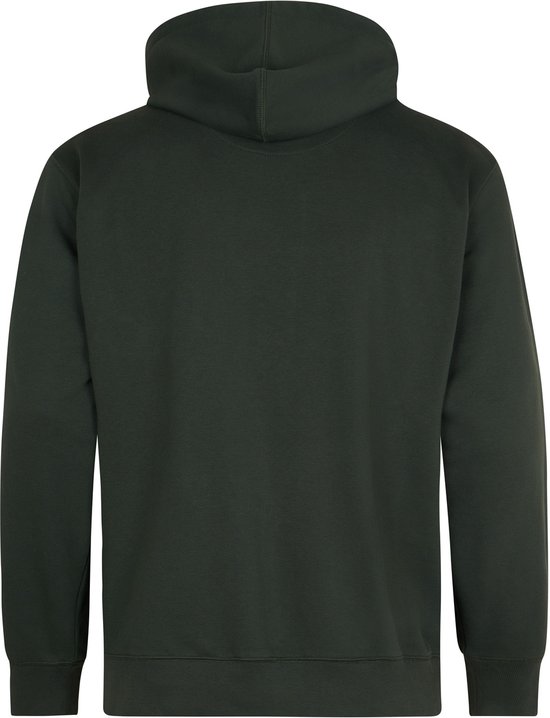 Achterkant van een donkergroene hoodie met capuchon.