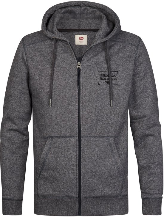 Donkergrijs gemêleerd vest met rits, capuchon en opdruk op de borst.