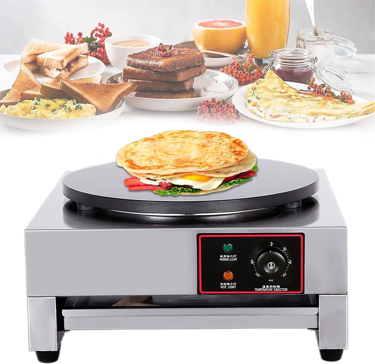 Crêpemaker Bakplaat - Pannenkoekenmaker Tortillapan - Ontbijt en Snacks Maken - Groot Antiaanbak Oppervlak - 40cm Diameter - Zilver