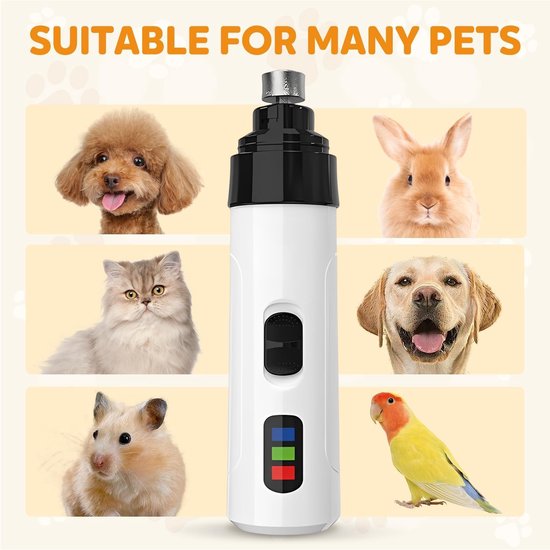 Witte nageltrimmer voor huisdieren, met afbeeldingen van diverse huisdieren, waaronder honden, katten, konijnen, hamsters en vogels.