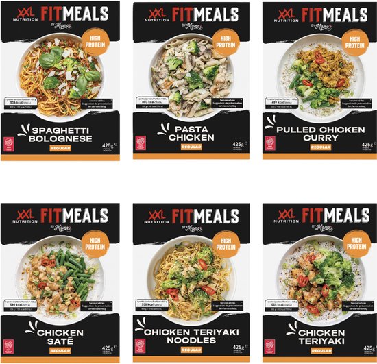 Zes verpakkingen Fitmeals maaltijden: Spaghetti Bolognese, Pasta Chicken, Pulled Chicken Curry, Chicken Sate, Chicken Teriyaki Noodles, Chicken Teriyaki.
