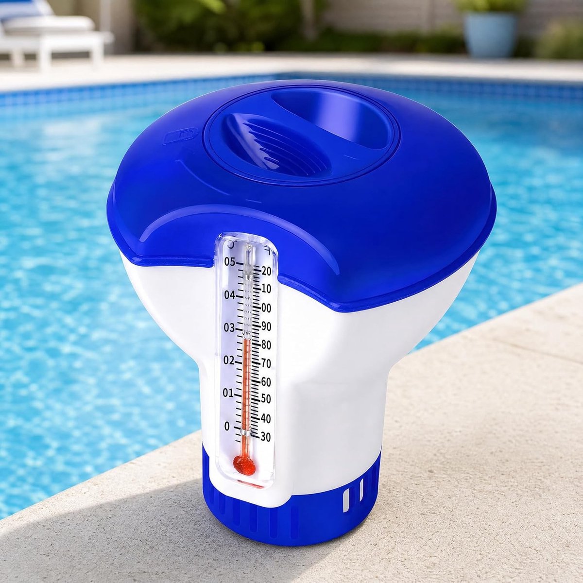 Chloordiffuser voor Zwembad - Blauw - Automatische Chloorafgifte - Geïntegreerde Thermometer - Voor Privézwembaden en Spa's