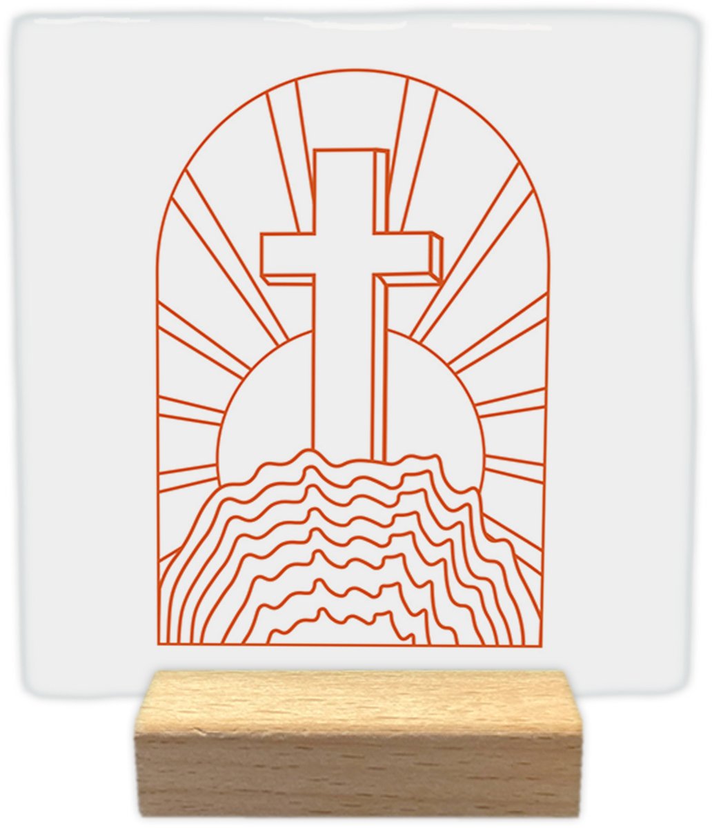 Artige Decoratie tegel - Kruis op de heuvel - keramisch - 10x10 cm - inclusief houder Wit