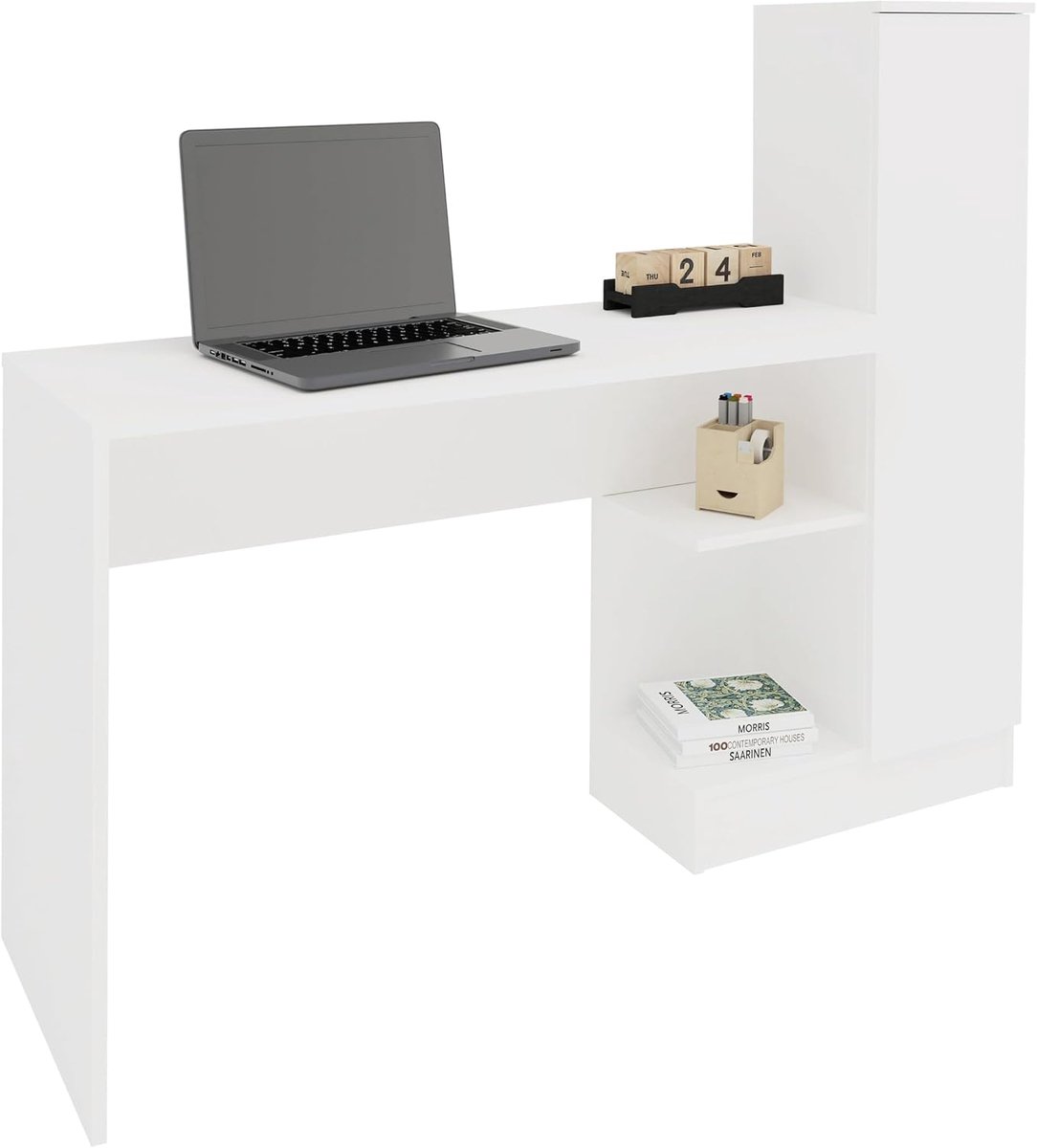 Bureau met Kast - Werkplek Meubel - Thuiswerken Efficiënt - Ruime Opbergruimte - 148 x 45 x 120 cm - Wit