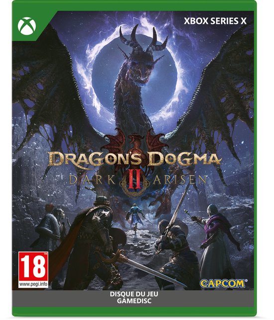 Gamecover van Dragon's Dogma 2: Dark Arisen voor Xbox Series X met een draak en strijders.