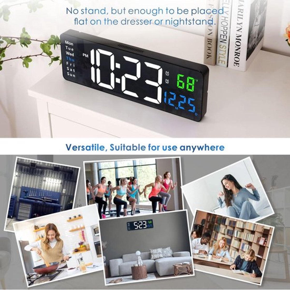 Digitale wandklok met grote cijfers en afstandsbediening - automatische dimming