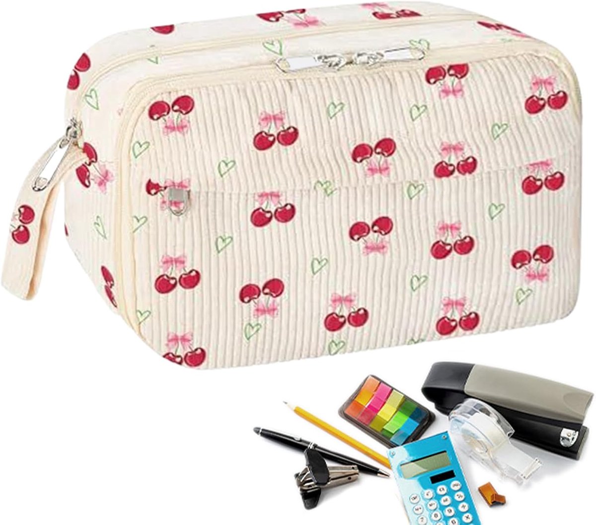 Potloodzakje met capaciteit - Etui organizer - Kantoorbenodigdheden opbergen - Ruim opbergontwerp - 21.5 x 13.5 x 9 cm - Kersen