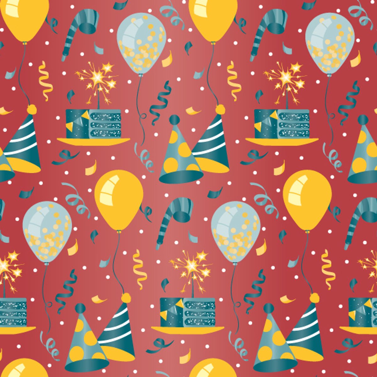 Cadeaupapier Set – Party Vibes Collection (6 Stuks) – 200×70 cm – Turquoise, Blauw, Zalmroze & Rood – Feesthoedjes, Cadeautjes, Confetti, Slingers & Ballonnen – Inpakpapier — afbeelding 5