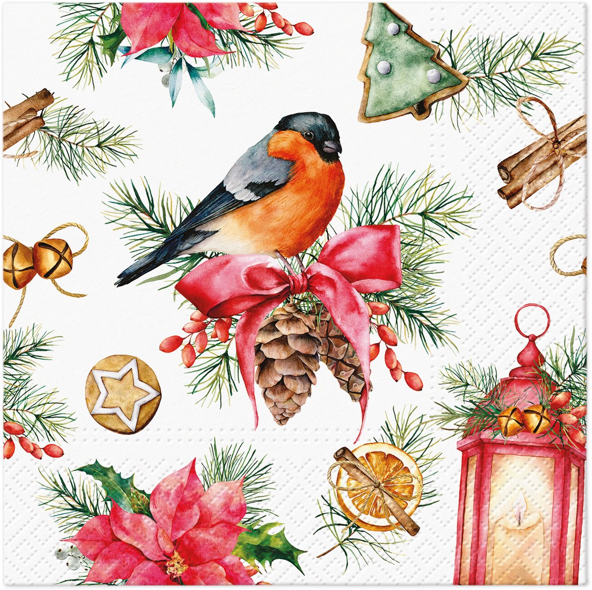 PAW Lunch servetten - Bullfinch with Lampion - 20 Kerst servetten - Vogel - Kerst