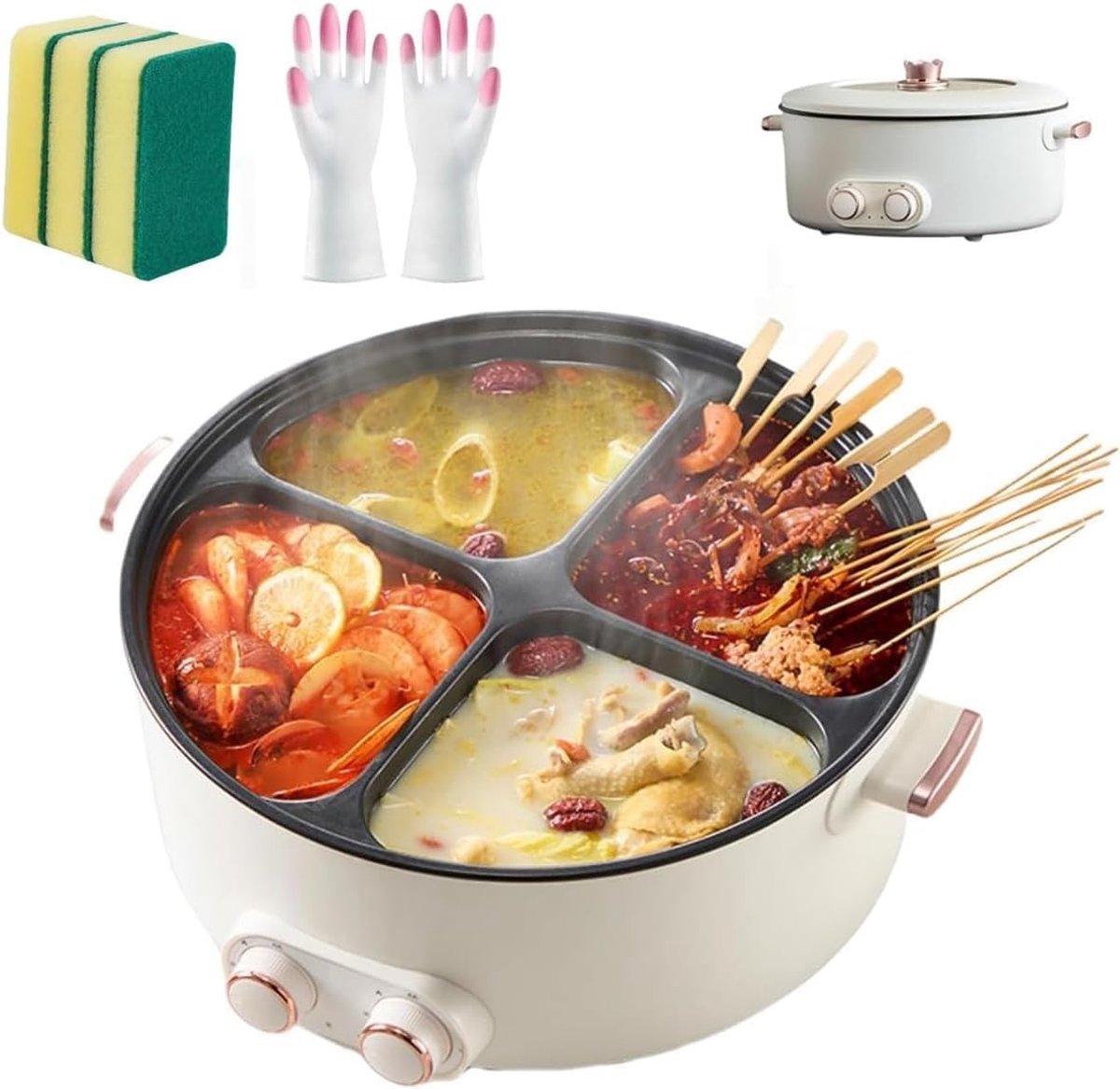 Elektrische Stoofpot Multicooker Hotpot Gezamenlijk Koken Vier Compartimenten 6 Liter Capaciteit Zwart