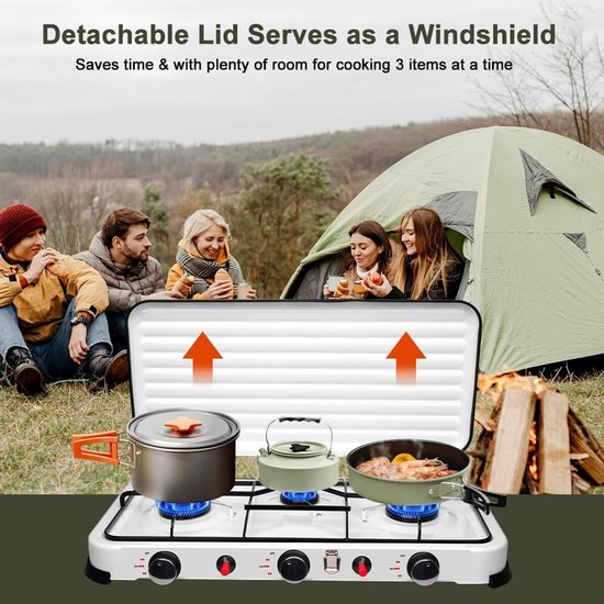 Compact 3-pits Gaskooktoestel voor Camping - 5,4 kW, Inclusief Slang en Gasdrukregelaar van Merkloos — afbeelding 4