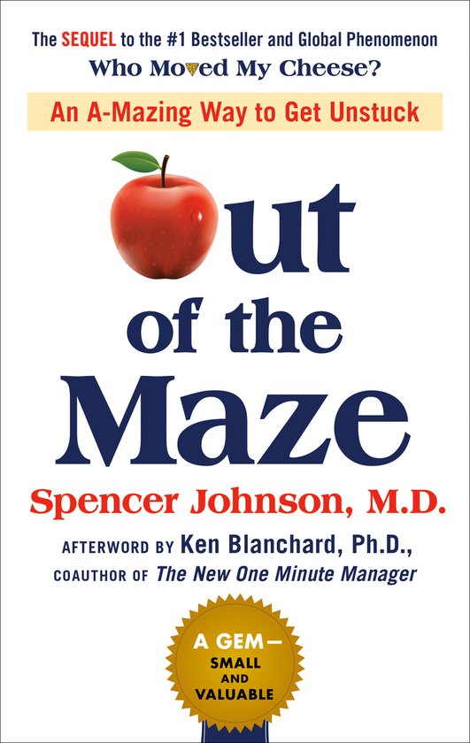 Boekomslag voor 'Out of the Maze' met een appel en de tekst 'An A-Mazing Way to Get Unstuck'.