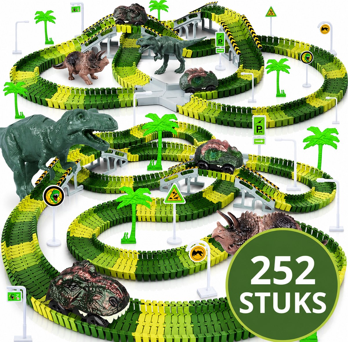 Montzys® Dinosaurus Racebaan - 252 Delige Autobaan - Dino Speelgoed Elektrisch - Flexibele Auto Racetrack - Sinterklaas & Kerst Cadeau Voor Kinderen