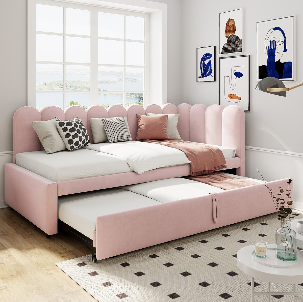 MEUNIQ Slaapbank in L-vorm 90 x 200 cm met uitklapbaar onderbed, lattenbodem, zachte roze bekleding voor slaapkamer of kinderkamer