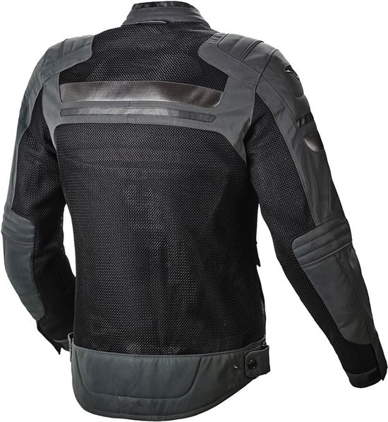 Donkergrijze motorjas met mesh panelen op de rug en armen. Reflecterende streepdetails op de schouders en rug.
