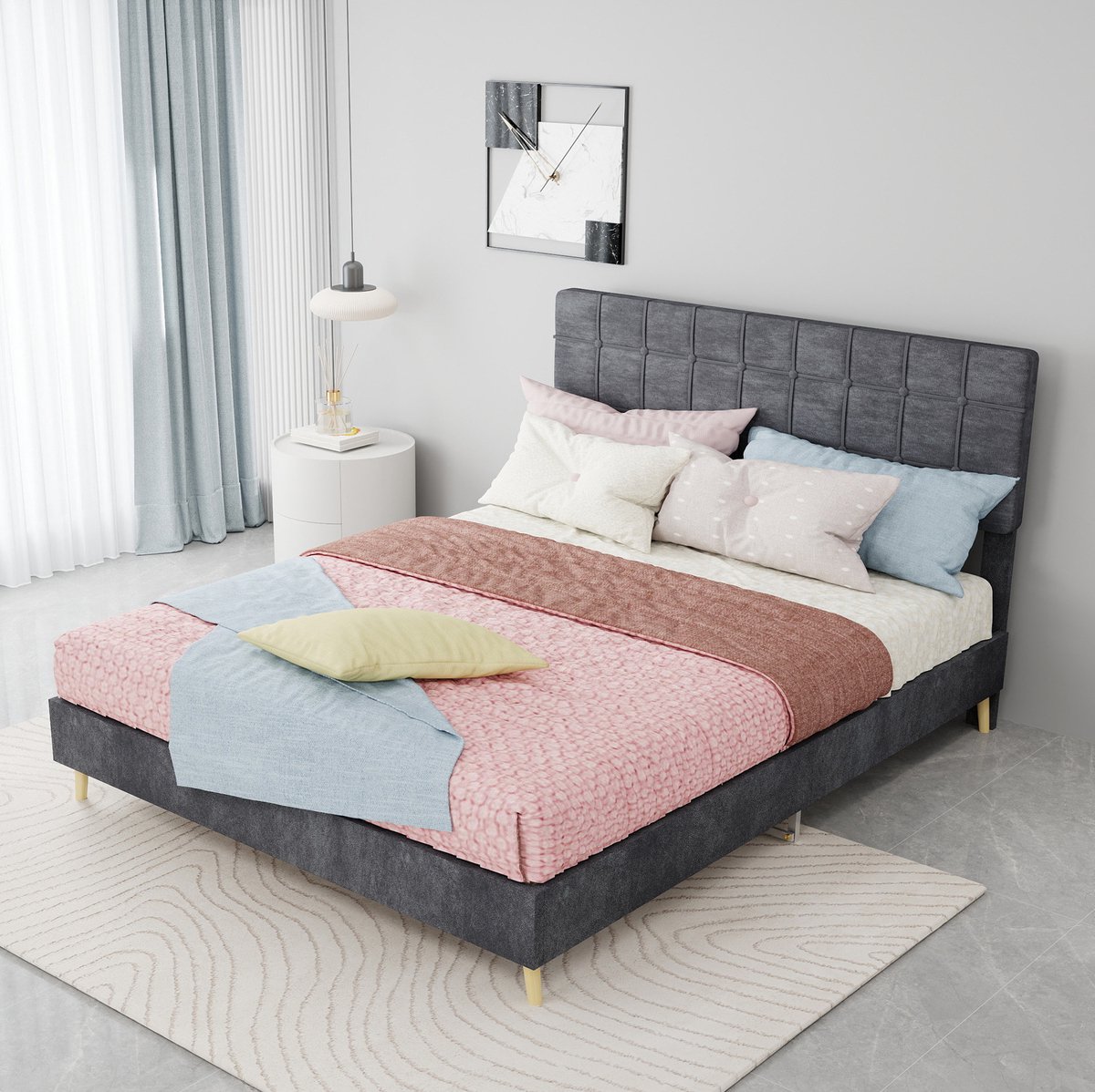 MEUNIQ stoffen bedframe 140x200 cm met gestoffeerd hoofdbord, ruitstiksel, lattenbodem en houten poten, tweepersoonsbed voor slaapkamer of logeerkamer, grijs