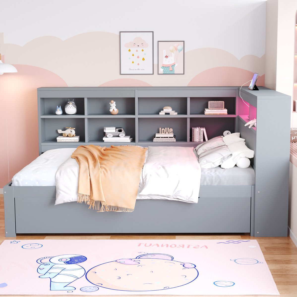 MEUNIQ slaapbank 140x200 cm met opberglades, open vakken, USB en LED-verlichting, houten tweepersoonsbed met lattenbodem voor slaapkamer, grijs