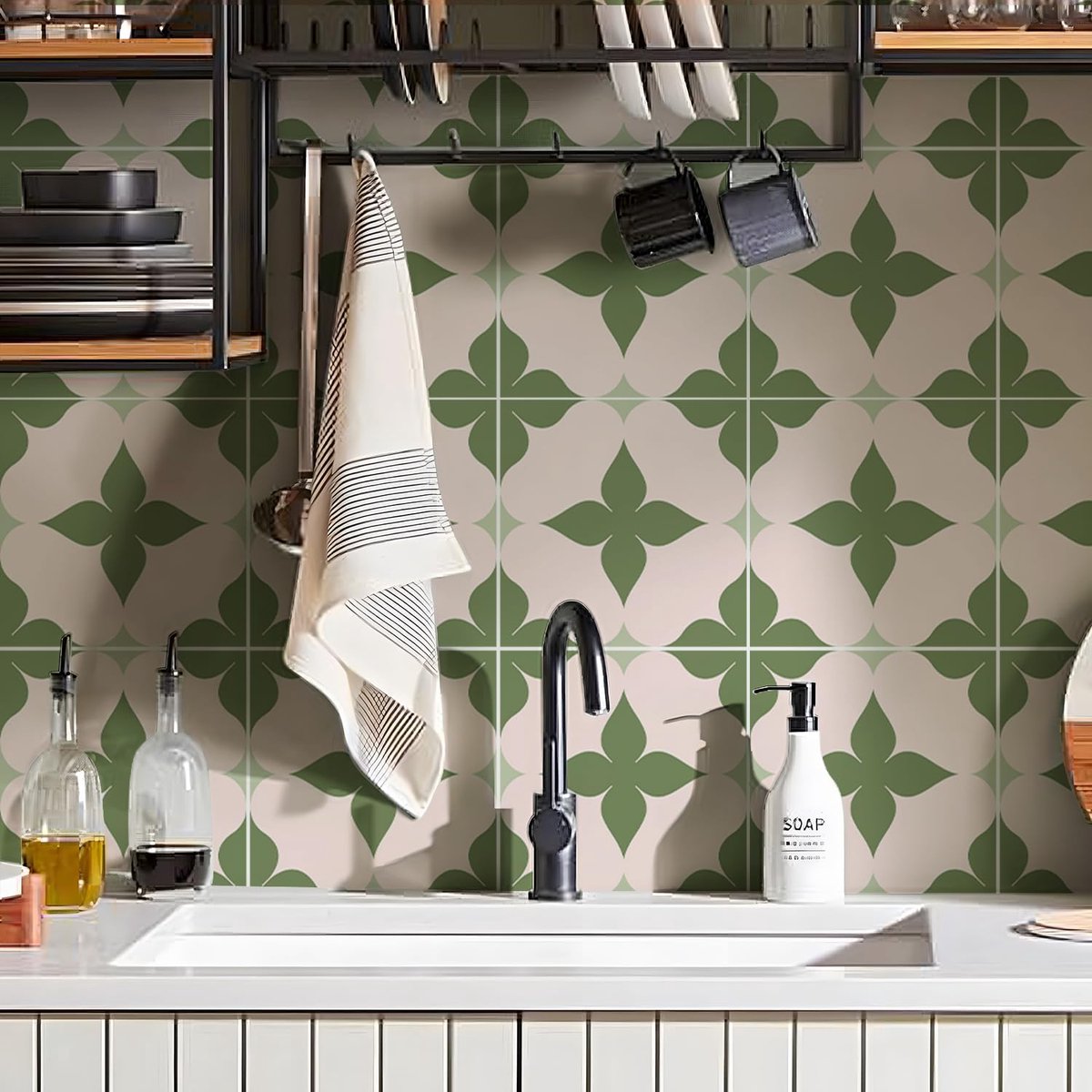 10 zelfklevende wandtegels met bloemenpatroon - waterdichte muursticker voor keuken en bad