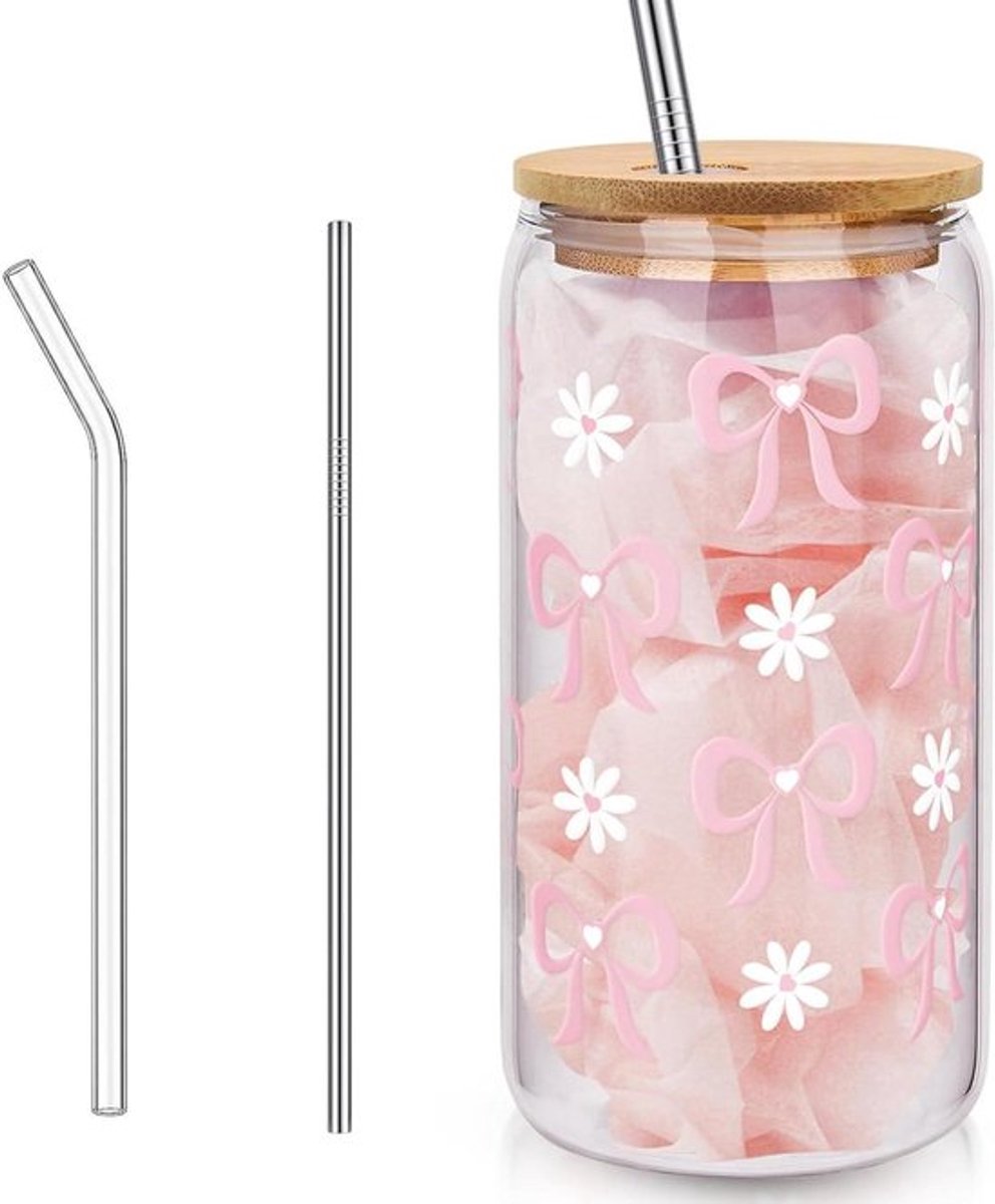 Allecto Plus - Aesthetic Clean Girl drinkglas met deksel en rietje - glas met roze
