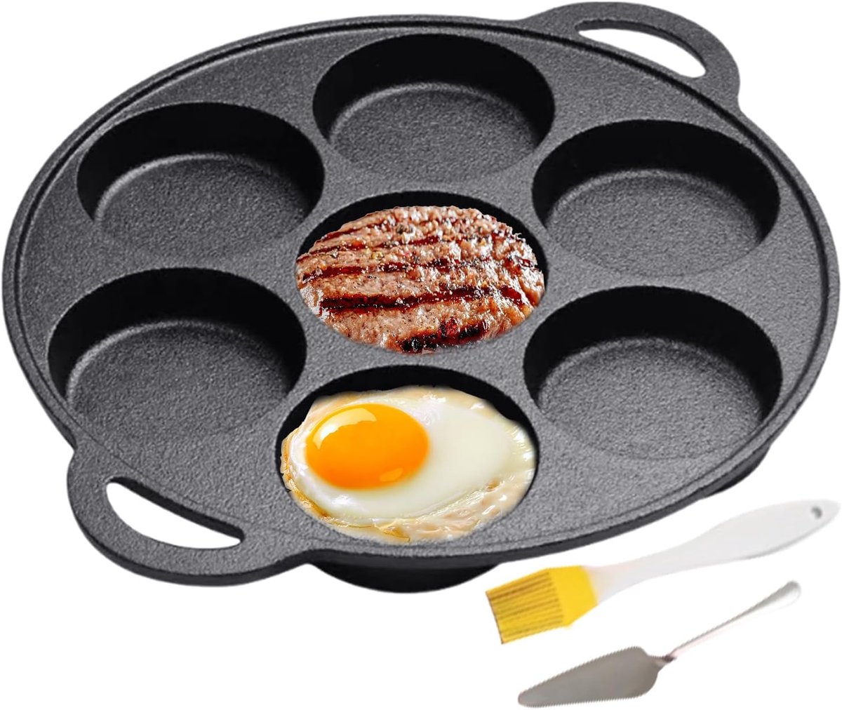 Gietijzeren Pannenkoekpan - Koekenpan 7 gaten - Ontbijt Bakken - Anti-aanbaklaag - 30.5x30.5 cm - Zwart