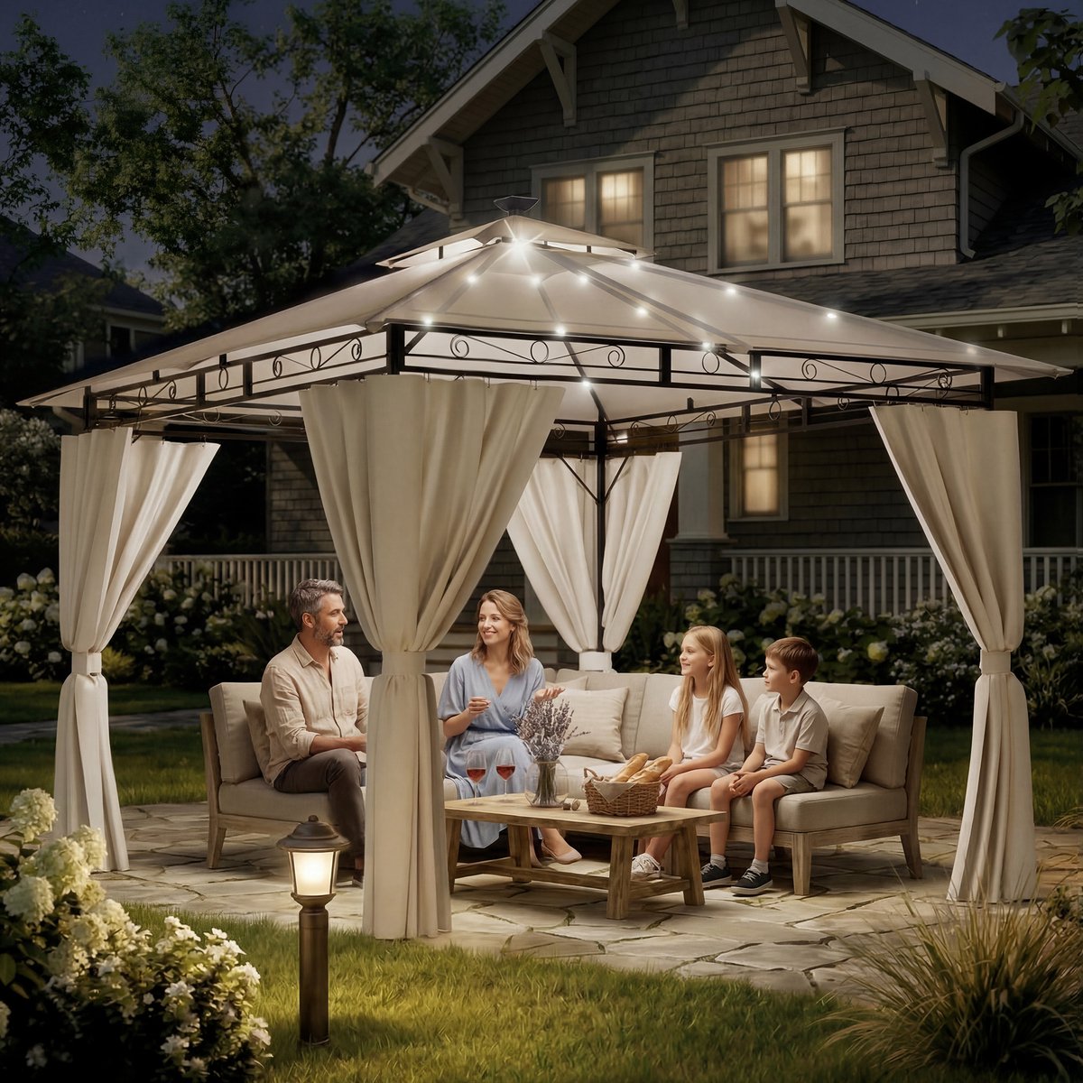 Devoko Tuinpaviljoen 3x3 m - LED-verlichting op zonne-energie - Instelbare helderheid-timerfunctie - waterdicht en UV-bestendig - ademend dubbel dak - met vier zijwanden - Beige