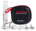 Alpine MusicSafe Pro set met opbergdoosje, reinigingsspray en verschillende oordopjes en filters.
