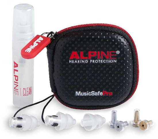 Alpine MusicSafe Pro set met opbergdoosje, reinigingsspray en verschillende oordopjes en filters.