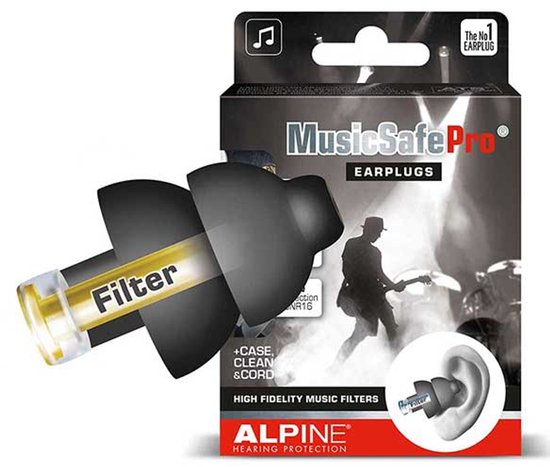 Alpine MusicSafe Pro oordopjes verpakking met een oordopje met gouden filter.